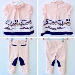 Janie & Jack Horse Top Riding Pant Set 18-24M Pink Suede Bow Equestrian Outfit